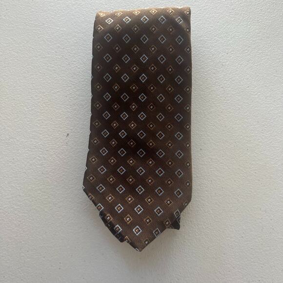 Brooks Brothers Necktie Brown Blue Square Motif Designer Geometric Pure Silk USA - Picture 1 of 6